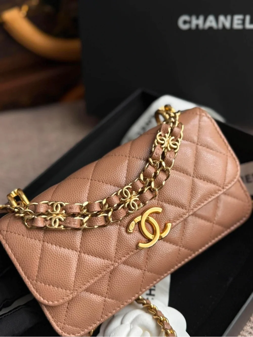 CHANEL Quilted Caviar Leather Wallet on Chain - Taupe Brown with Gold Hardware